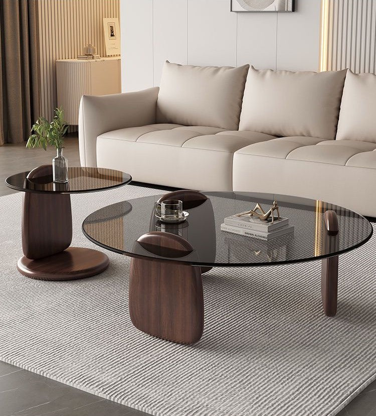 Round Coffee Table Wooden Base, Tempered Glass Countertop, Living room Center Table - COOLBABY