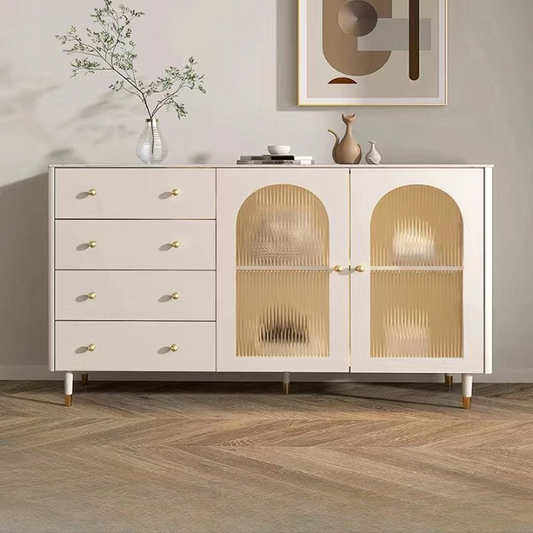 White Wood Buffet Sideboard with Glass Doors and Adjustable Shelves 140cm - COOLBABY