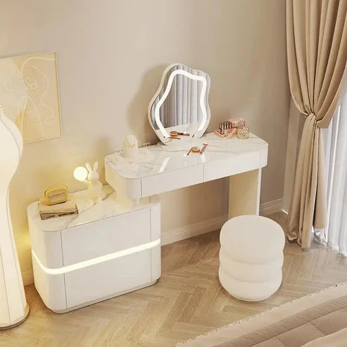 Modern White Dressing Table with LED Mirror - Sleek Makeup Vanity Desk with Slate Marble Finish and Soft-Close Drawers - COOLBABY