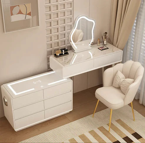 Smart Vanity Table with LED Mirror, Bluetooth Speaker, Wireless Charging - White, Solid Wood - COOLBABY