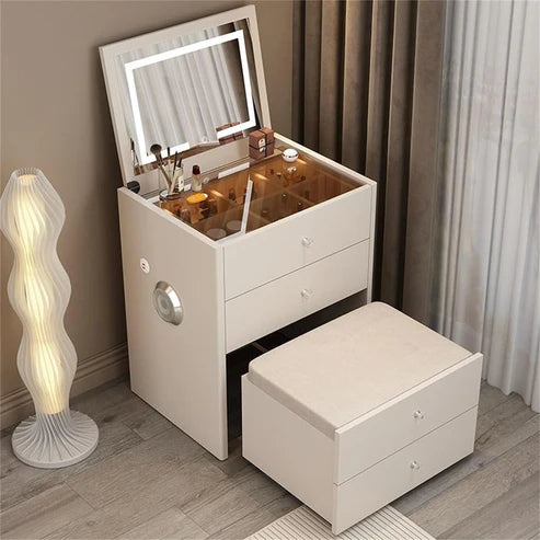 Smart Compact Dressing Vanity Table with LED Mirror, Foldable Bench, and Storage Drawers - COOLBABY