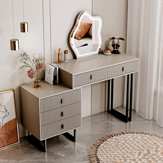 Modern Beige Vanity Desk with Wavy LED Mirror, Drawers, and Storage - Perfect for Makeup, Study, and Consoles - COOLBABY