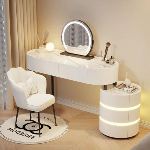 White Vanity Table Set with LED Mirror, Storage Drawers, and Chair - COOLBABY