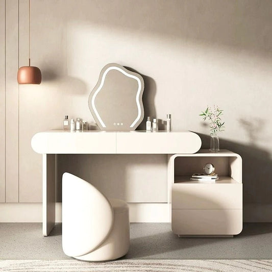 Modern Dressing Table in Rounded Edges Design, White Vanity Table with Mirror.