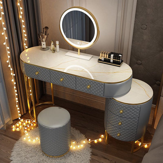 Elegant Dressing Table Set with Mirror, Cushioned Stool, and Multi-Drawer Storage - COOLBABY