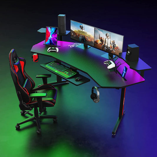 Gaming Desk Table With light, Computer Desk, Cup Holder and Headphone Hook Gamer Workstation Game Table - COOLBABY