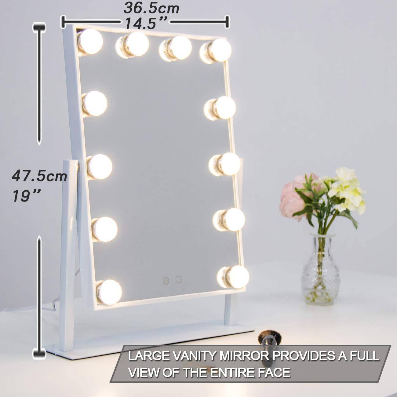 COOLBABY MIRR012 Large Makeup Mirror with Lighting, Illuminated Standing Mirror for Dressing Table with Dimmable Lamps, White Hollywood Mirror with Light - COOL BABY