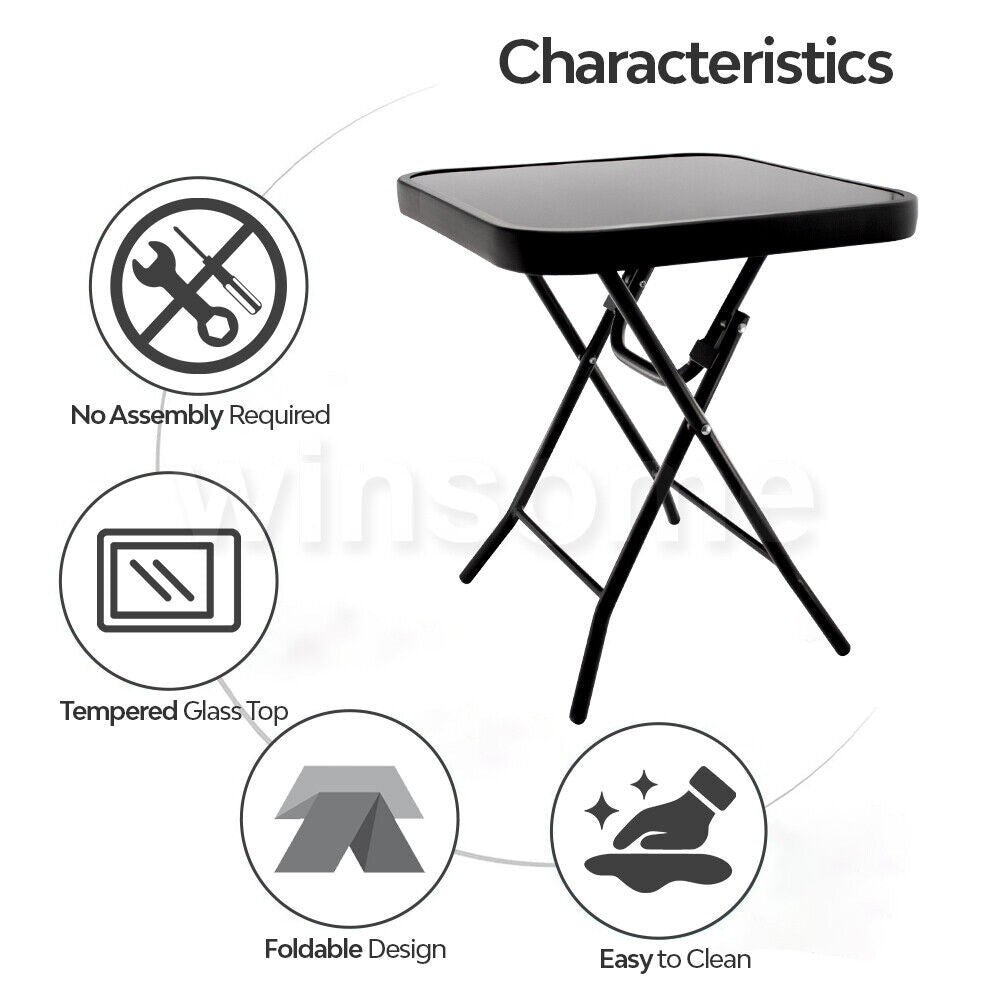 Folding Drinks Side Table, Outdoor Garden Table, Small Square Patio Table - Black with Tempered Glass Top - COOLBABY