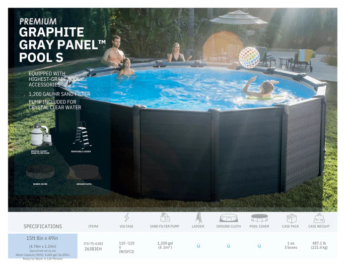 Round Premium Graphite Gray Panel Pool Complete with Pump/Filter - 478 x 124CM - COOLBABY