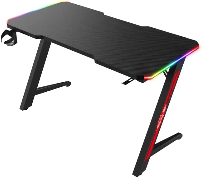 Gaming Desk Table With light, Computer Desk, Cup Holder and Headphone Hook Gamer Workstation Game Table - COOLBABY