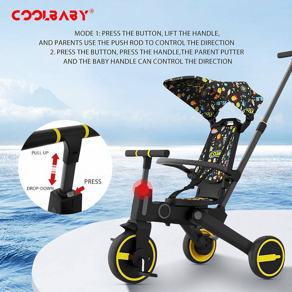 COOLBABY SLC08 7 IN 1 Foldable Kids Trike Toddler Tricycle 3 Wheel Kid Tricycle Baby Pushchair Stroller Tricycles Baby Trike For 1-6 Years Old - COOL BABY