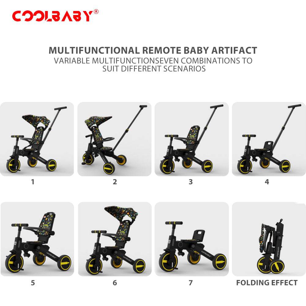 COOLBABY SLC08 7 IN 1 Foldable Kids Trike Toddler Tricycle 3 Wheel Kid Tricycle Baby Pushchair Stroller Tricycles Baby Trike For 1-6 Years Old - COOL BABY