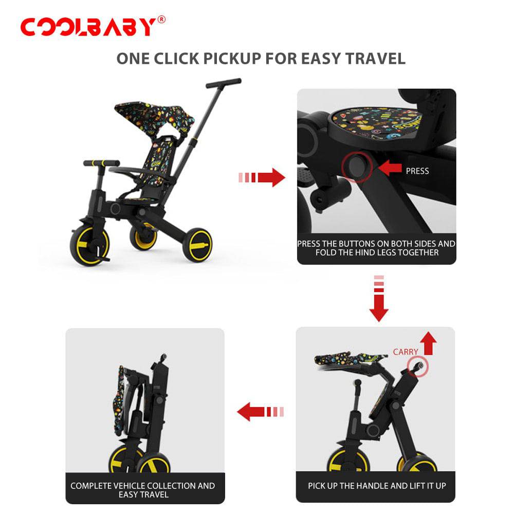 COOLBABY SLC08 7 IN 1 Foldable Kids Trike Toddler Tricycle 3 Wheel Kid Tricycle Baby Pushchair Stroller Tricycles Baby Trike For 1-6 Years Old - COOL BABY