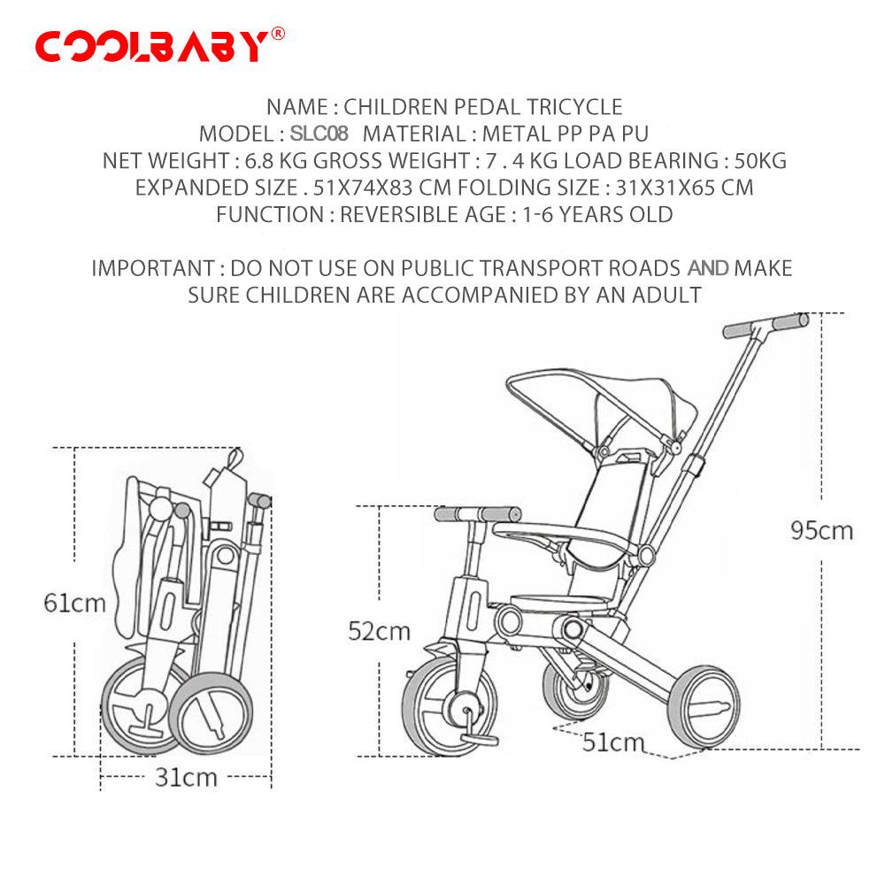 COOLBABY SLC08 7 IN 1 Foldable Kids Trike Toddler Tricycle 3 Wheel Kid Tricycle Baby Pushchair Stroller Tricycles Baby Trike For 1-6 Years Old - COOL BABY