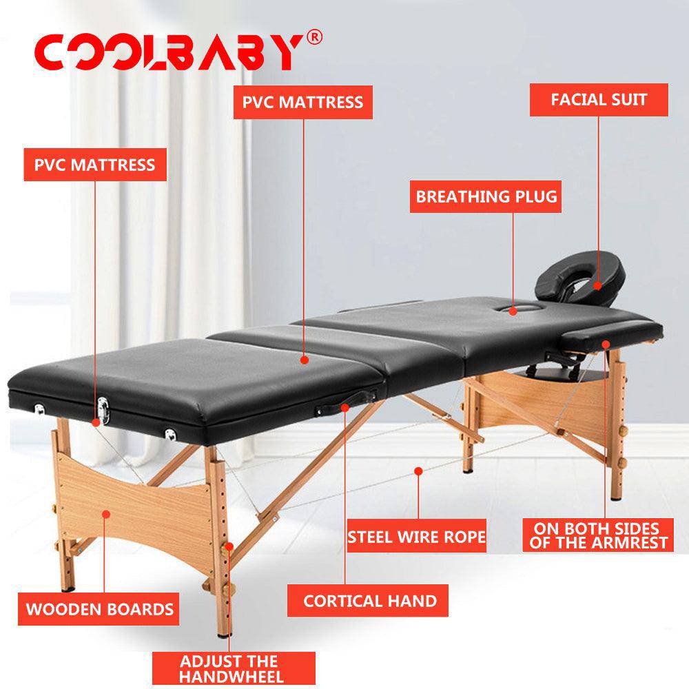 COOLBABY KYBJ-302 Portable Fitness Massage Table Professional Adjustable Folding Bed With 3 Sections Wooden Frame Ergonomic Headrest With Carrying Bag - CoolBabyMass